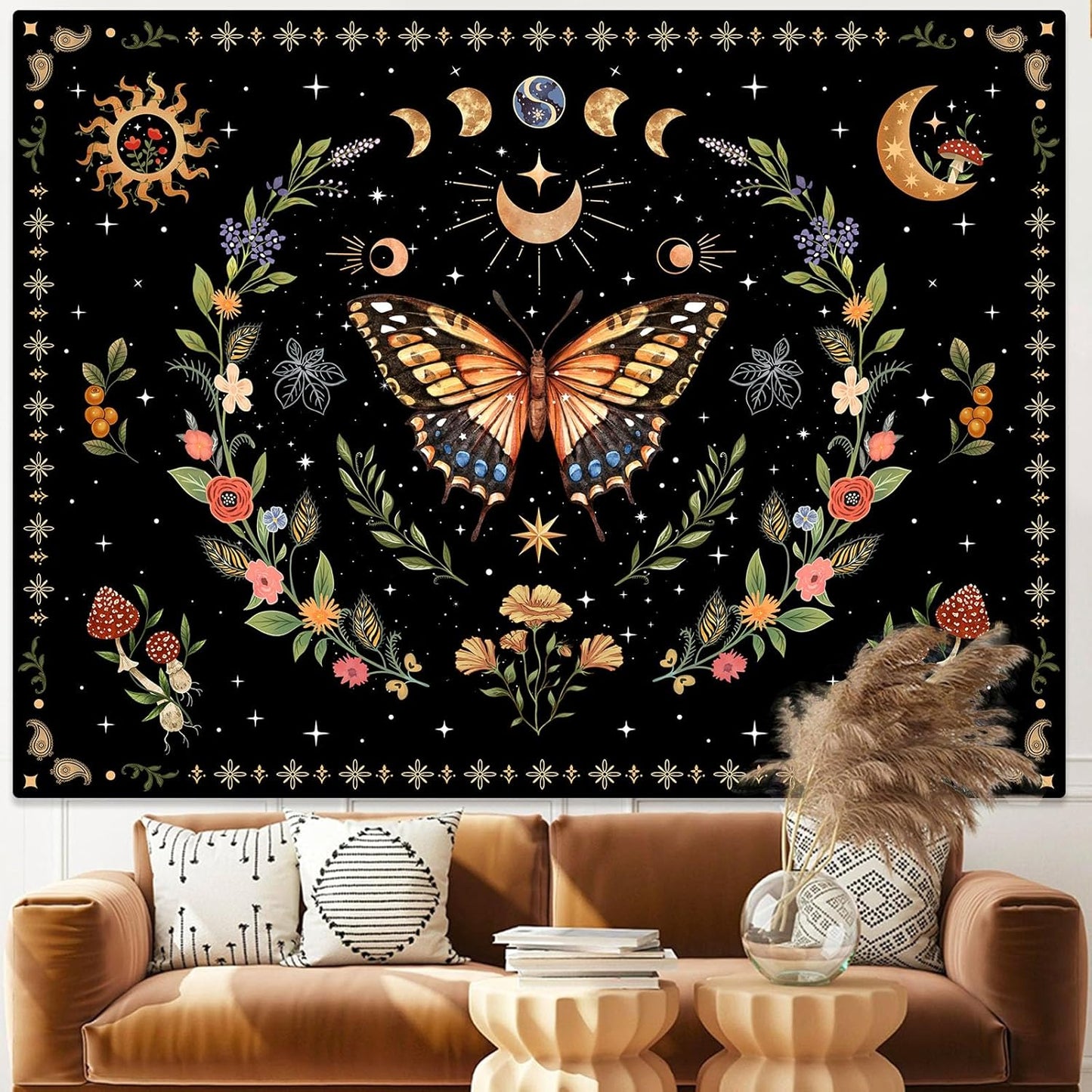 Lunerfex Boho Butterfly Tapestry Flower Moon Wall Tapestry, Moon Phases Tapestries for Bedroom Cute Tapestries Wall Hanging for Bedroom Living Room Decor Butterfly-1 70"x90"