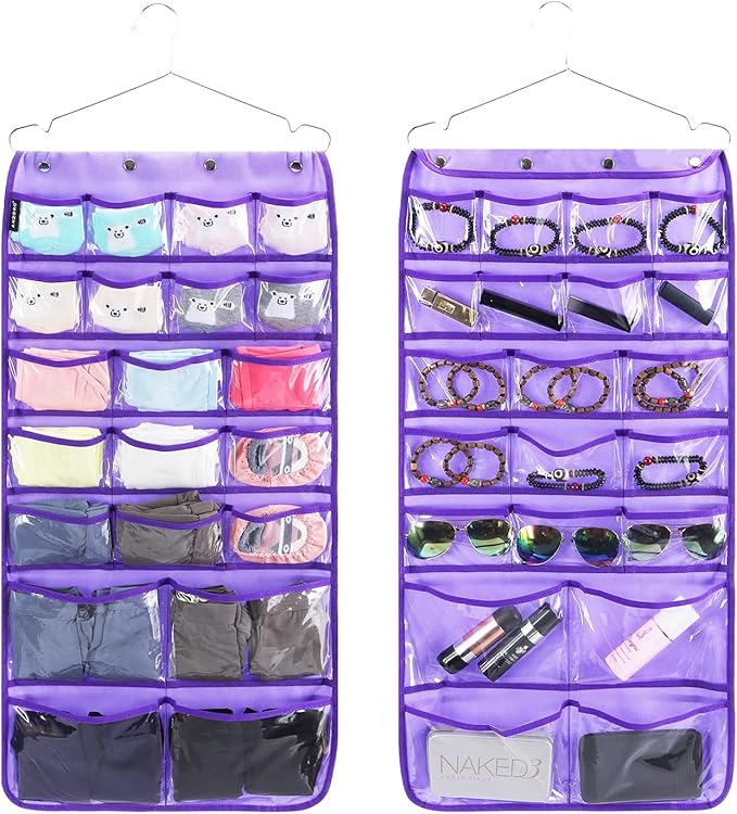 Dual Sided Hanging Organizer for Jewelry Makeup Storage Closet Organizers for Bows Socks Underwear with 42 Clear Pockets (PURPLE)