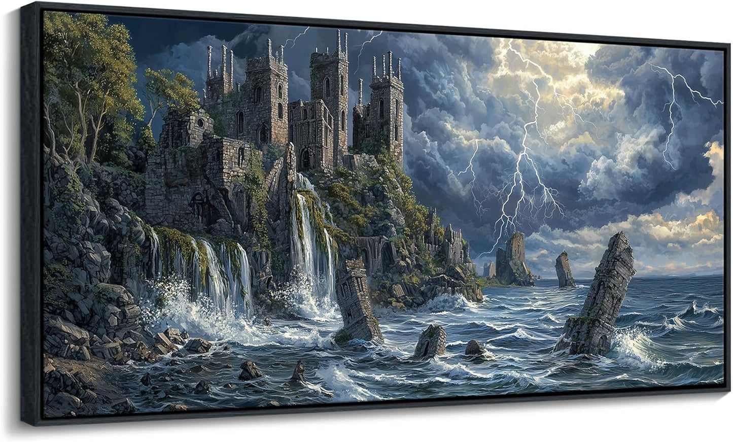 QZQCBLC Large Canvas Wall Art - Abstract Clouds Ocean Lightning Framed Landscape Gloomy Castle Paintings Artwork Picture for Living Room Bedroom Kitchen Home Painting Decor 24"X48"