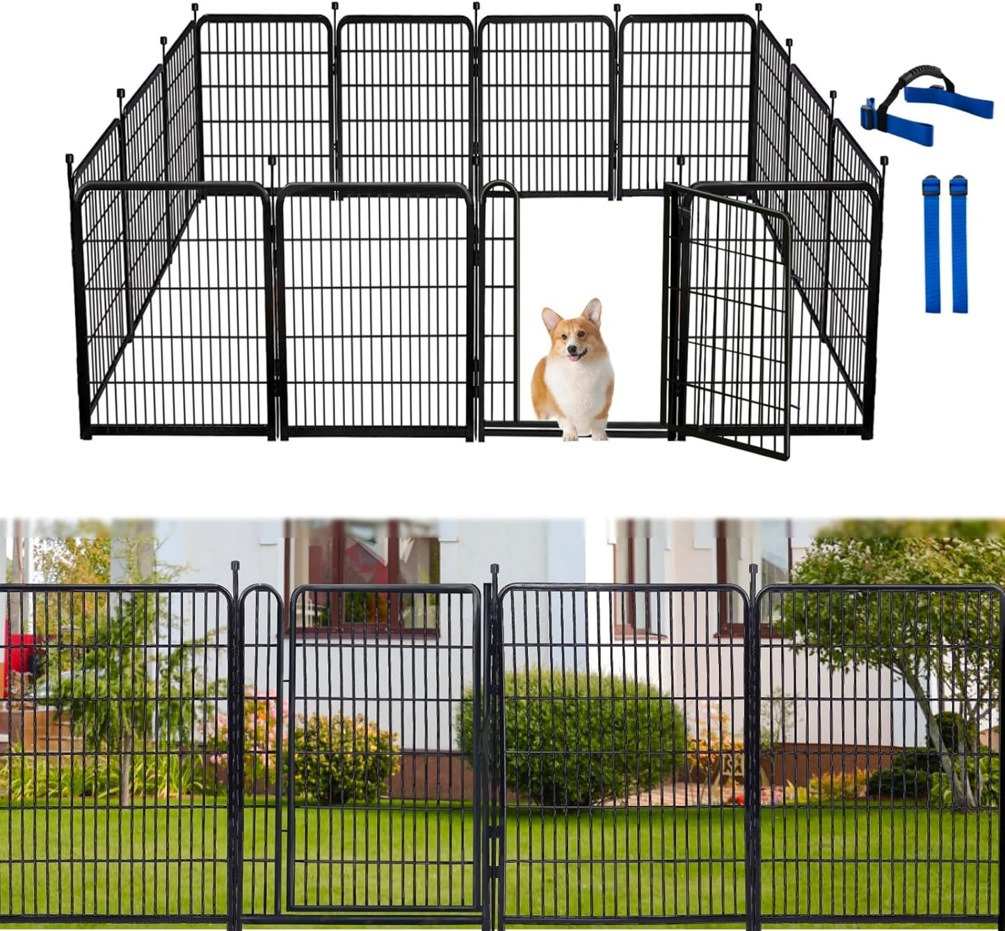 32 in(H) Dog Fence Outdoor For Yard, 21 in Wide Low Threshold Gate, 12 Panels Total 26.6 Ft(L) Fencing For Garden Beds, Animal Barrier Fence, Dog Pen Indoor or Outdoor,Landscape Fence Border