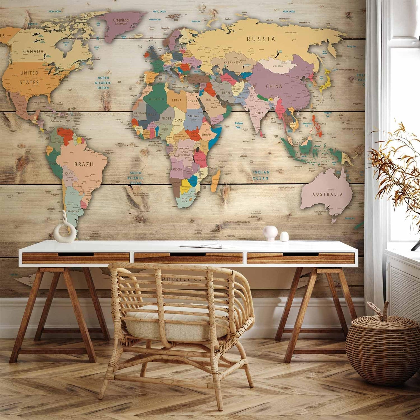 artgeist Premium Wall Mural World Map 177x124 in - XXL Non-Woven Wallpaper Fleece Wall Decor Photo Print Picture Image Design Home Map of The World k-B-0009-a-b