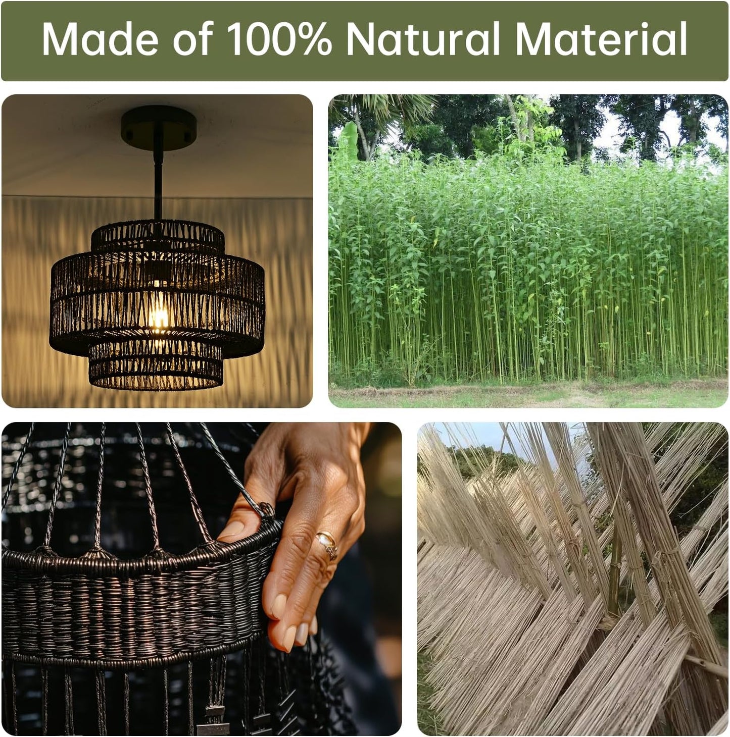 12.4” Black Boho Rattan Chandelier Light Fixture, 1-Light Hand Woven Pendant Light Fixture Farmhouse Rustic Hanging Lamp for Kitchen Island Bedroom, Dining Room, Living Room, Entryway, Foyer