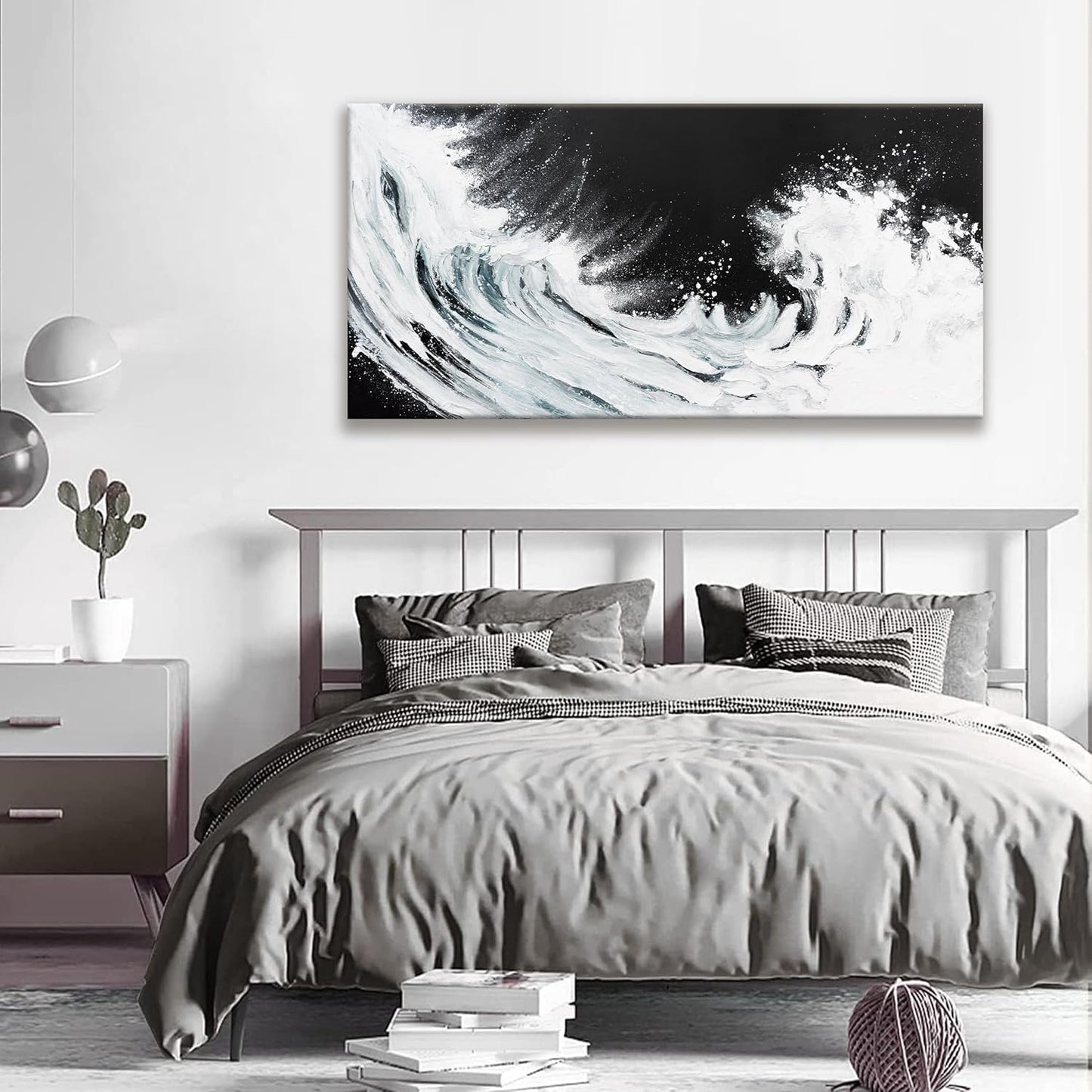 Black Abstract Wall Art Living Room Abstract Painting Wall Decor Modern 24"X 48" Canvas Art Wall Decor Black White Ocean Waves Wall Art Canvas Prints Artwork Pictures For Bedroom Kitchen Artwork
