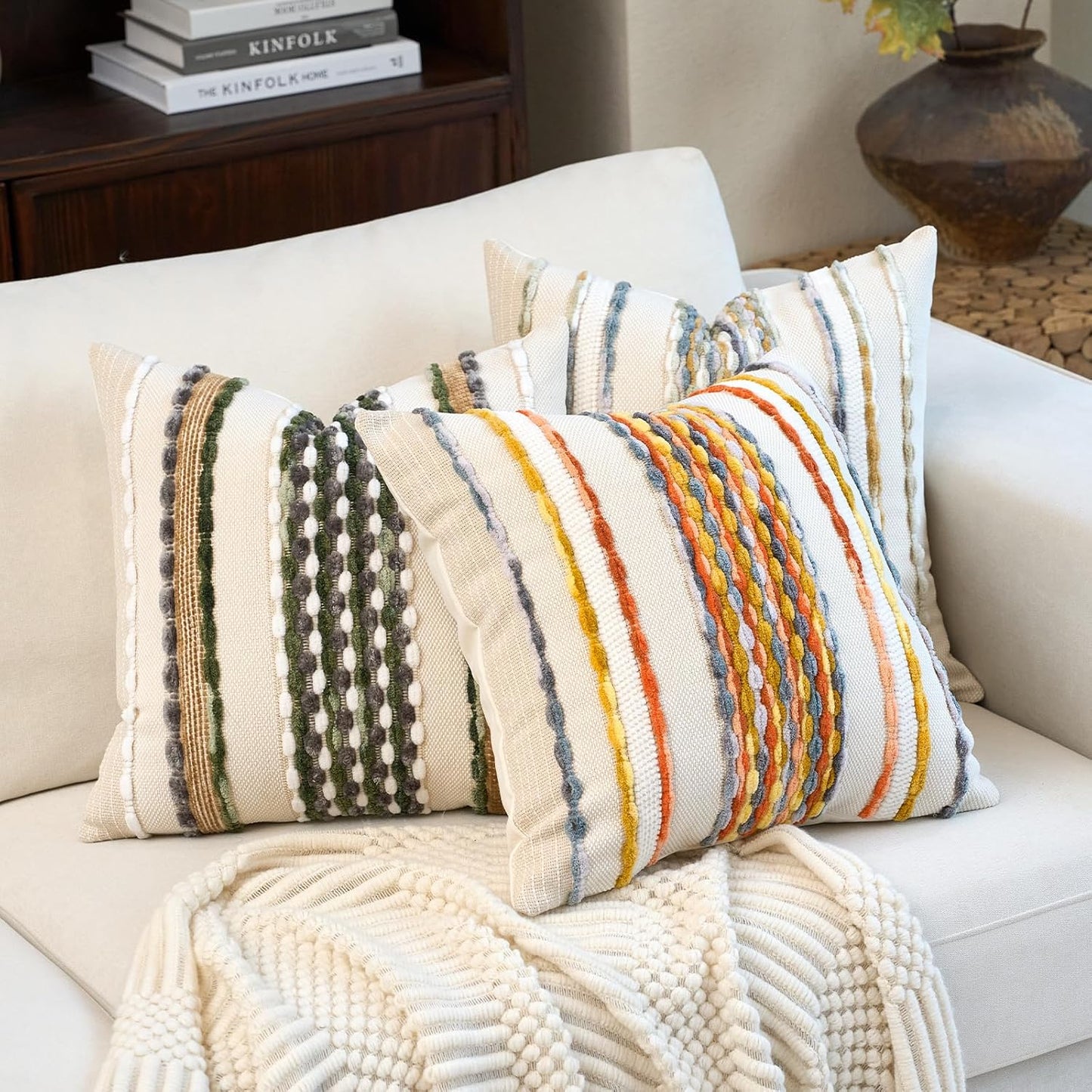 Aeckself Boho Pillow Covers 18x18 Inch Set of 2, Farmhouse Decorative Striped Square Chenille Tufted Accent Neutral Throw Pillow Covers for Living Room Couch Bed, Green