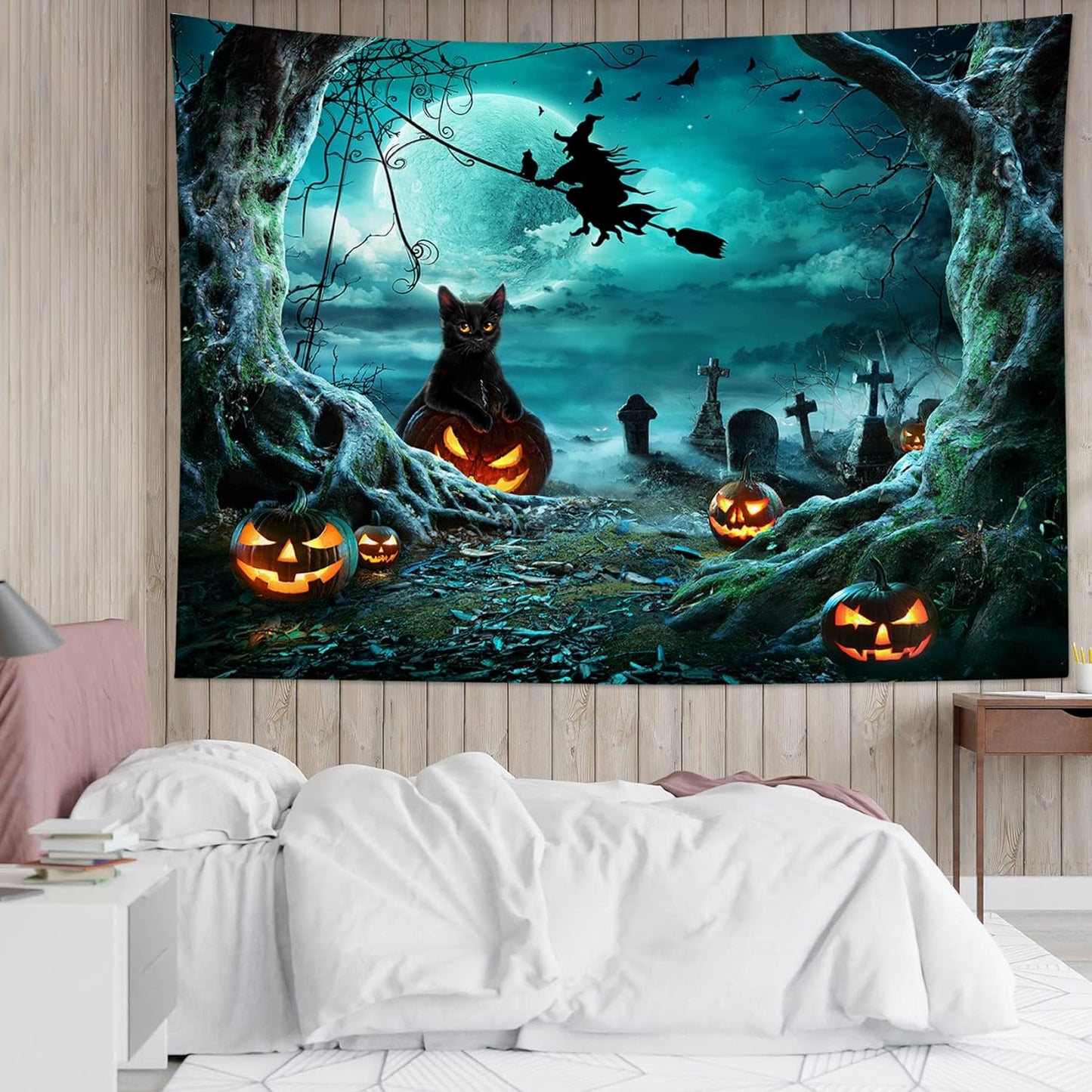 LB Halloween Tapestry Pumpkins Black Cat Dead Tree in Spooky Graveyard Full Moon Night with Witch Halloween Wall Hanging for Bedroom Living Room Dorm Decor 80x60 Inch
