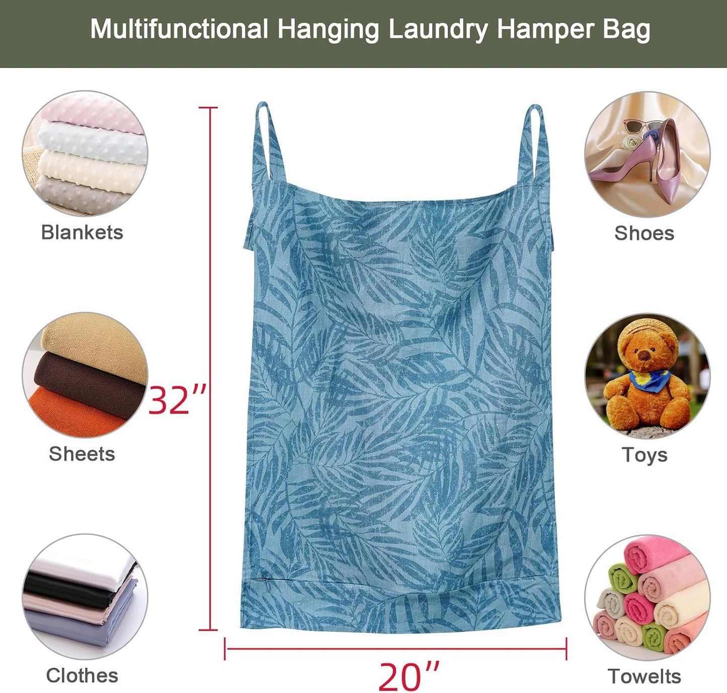 Linen Hanging Laundry Bag, 100% Linen Leaf Print Over The Door Laundry Hamper with Buttons and Zipper, Space Saving Door Hampers for Laundry Dirty Clothes Home Travel, Blue, 19.7x27.5inches