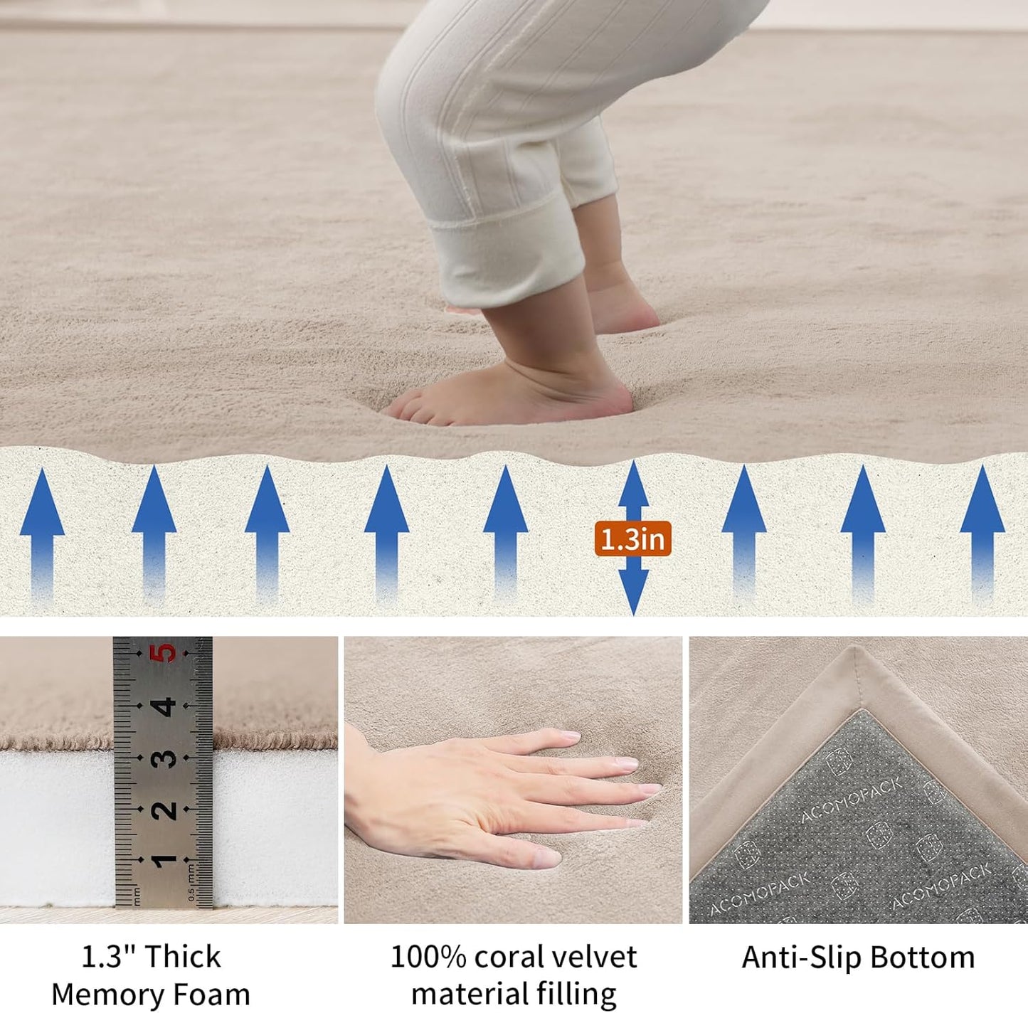 ACOMOPACK Baby Play Mat for Floor,1.3" Thick Memory Foam Area Rug for Living Room,Soft Velvet Crawling with Non-Slip Bottom for Kid,Toddler,79"×157" Tummy Time Nursery Rugs,Yoga（Beige）