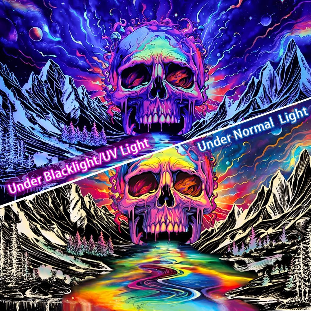 Blacklight Skull Tapestry UV Reactive Galaxy Mountain Planet Tapestries Magic Neon River Wall Hanging Aesthetic Skeleton Wall Decor Forest Trees Landscape Backdrop for Living Room