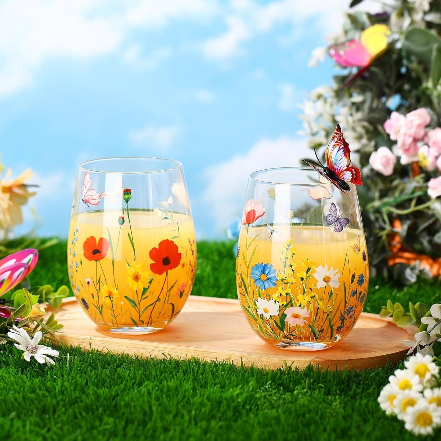 Sliner 2 Pack 17oz Wildflower Stemless Wine Glasses Floral Butterfly Drinking Glasses Spring Flowers Tumbler Cups for Graduation Wedding Mother's Day Birthday Drinking Party Favors
