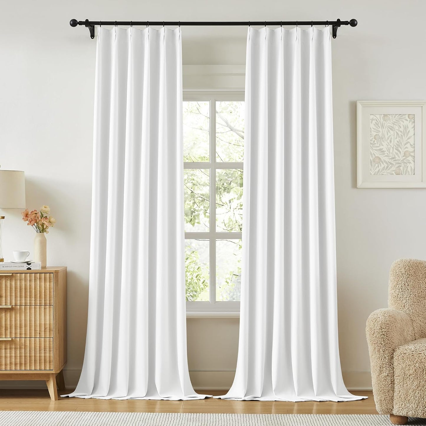 2PCs White Pinch Pleat Wide Drapes for Sliding Glass Door 60Wx102L Inches, Light Blocking Thermal Insulated Soft & Vertical Curtains for French Door Cottage, Elegant Modern Stylish Home Decor