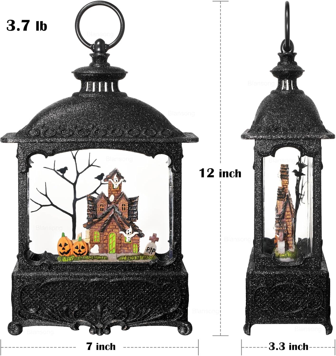 Halloween Snow Globe Lantern Ghost Snow Globe Halloween Decorations for Home Haunted House Pumpkin Ghost Tree Crow Rip Dancing Bats with Timer, USB and Battery Powered 12 inch