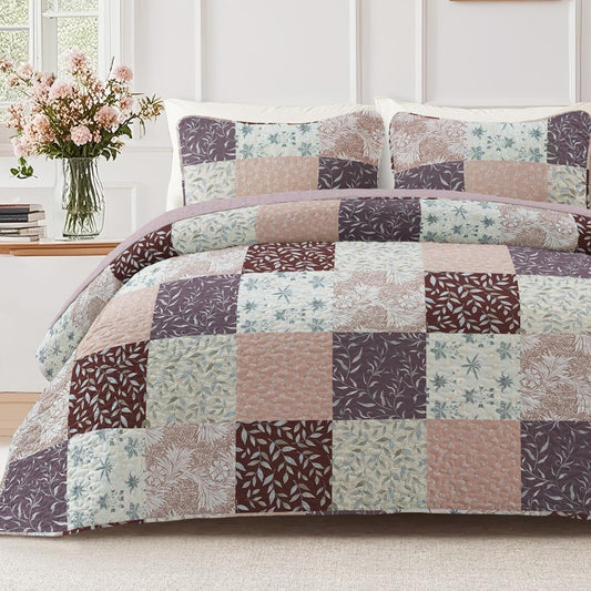 Exclusivo Mezcla Reversible Boho Quilt Set Queen Size, 3 Pieces Patchwork Brown All Season Bedspreads, Ultra Soft Floral Coverlet Bedding Set with Printed Pattern (1 Quilt, 2 Pillow Shams)