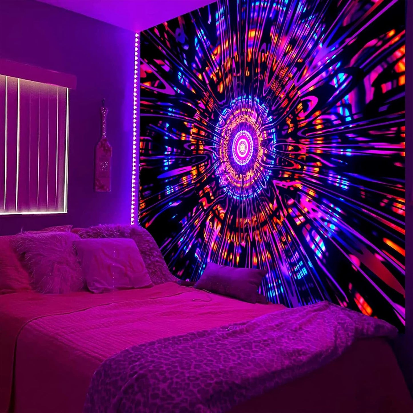 PSYHILAR Blacklight Mandala Tapestry for Bedroom, Psychedelic Black Light Posters for Adults and Teens, Colorful UV Reactive Aesthetic Bohemian Art Wall Hanging Decor Red and Purple (40 x 30 Inches)
