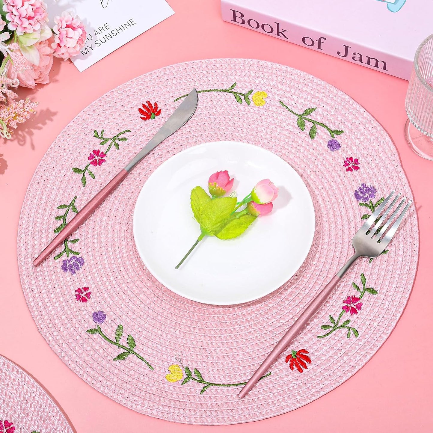 Whaline 4Pcs Round Placemats Spring Flower Embroidered Place Mats Pink Floral Dinner Table Mats for Home Holiday Wedding Bridal Baby Shower Birthday Party Decor