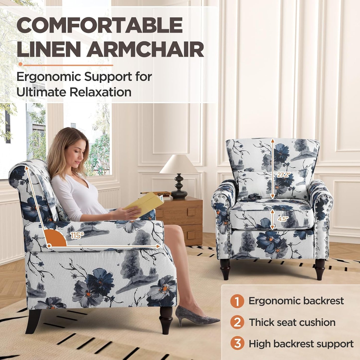 Wingback Accent Chair with Removable Pillow, High Back Floral Armchair with Solid Wood Legs & Nailhead Trim, Comfy Upholstered Reading Single Sofa Chair for Bedroom (2, Ink Blue Pattern)