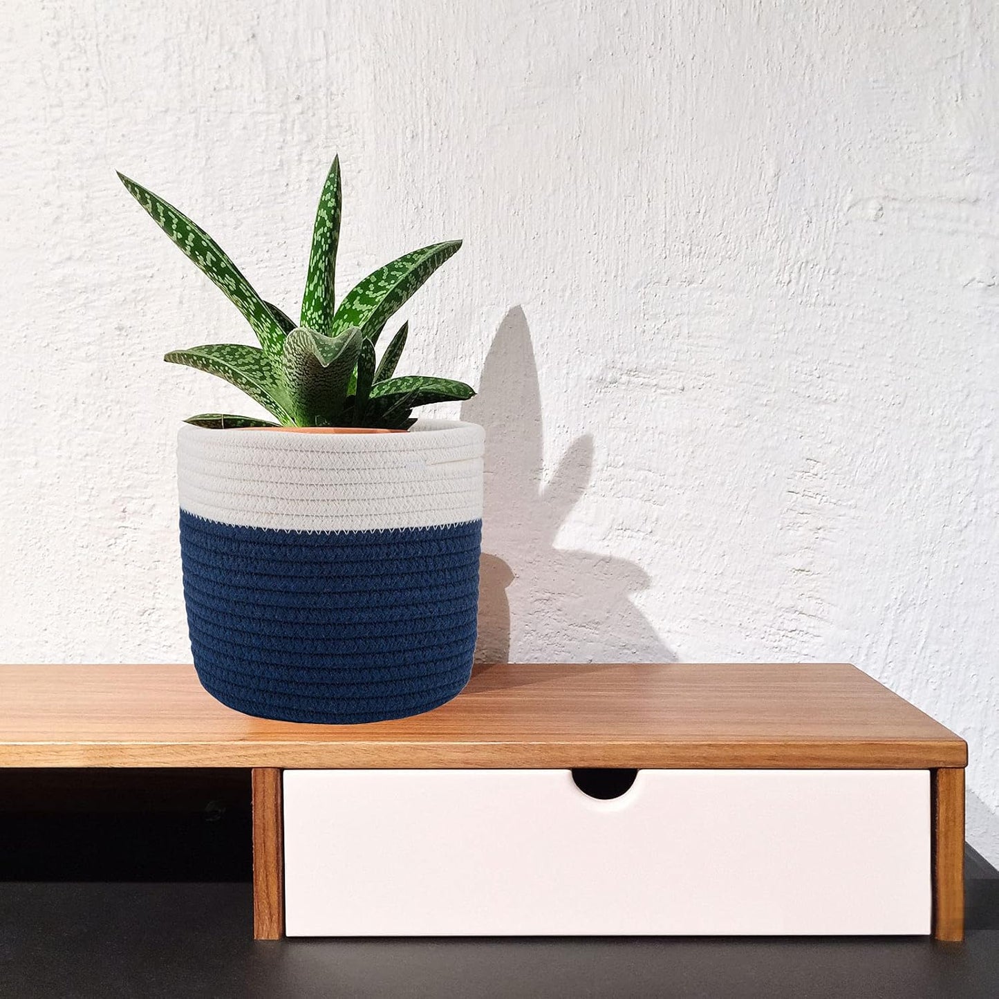 Cotton Rope Plant Basket Woven Baskets for 6" Pot Floor Indoor Planters,Rustic Home Decor H6 3/4" x W6 1/2" White Stitching Navy Blue