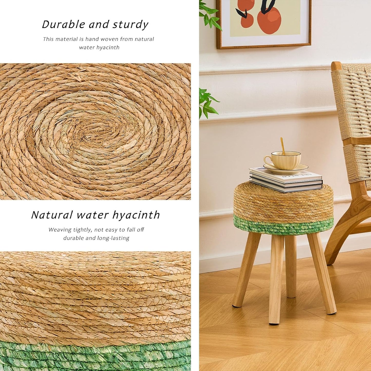 Handwoven Outdoor Ottoman, Water Hyacinth Pouf Round Patio Footstool with Wood Legs, 17-Inch Multipurpose Vanity Stool, Dining Chair, Patio Footrest for Balcony and Garden, Green