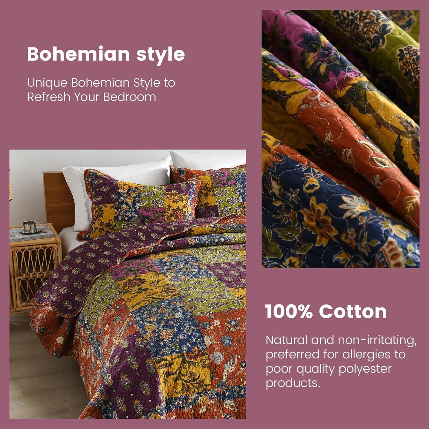 Secgo King Size Comforter Set- 100% Cotton Quilt King Size Set, Green, Sage bedspreads (96 * 108 Inch) with 2 Pillow Shams, Patchwork Reversible Lightweight Bedding