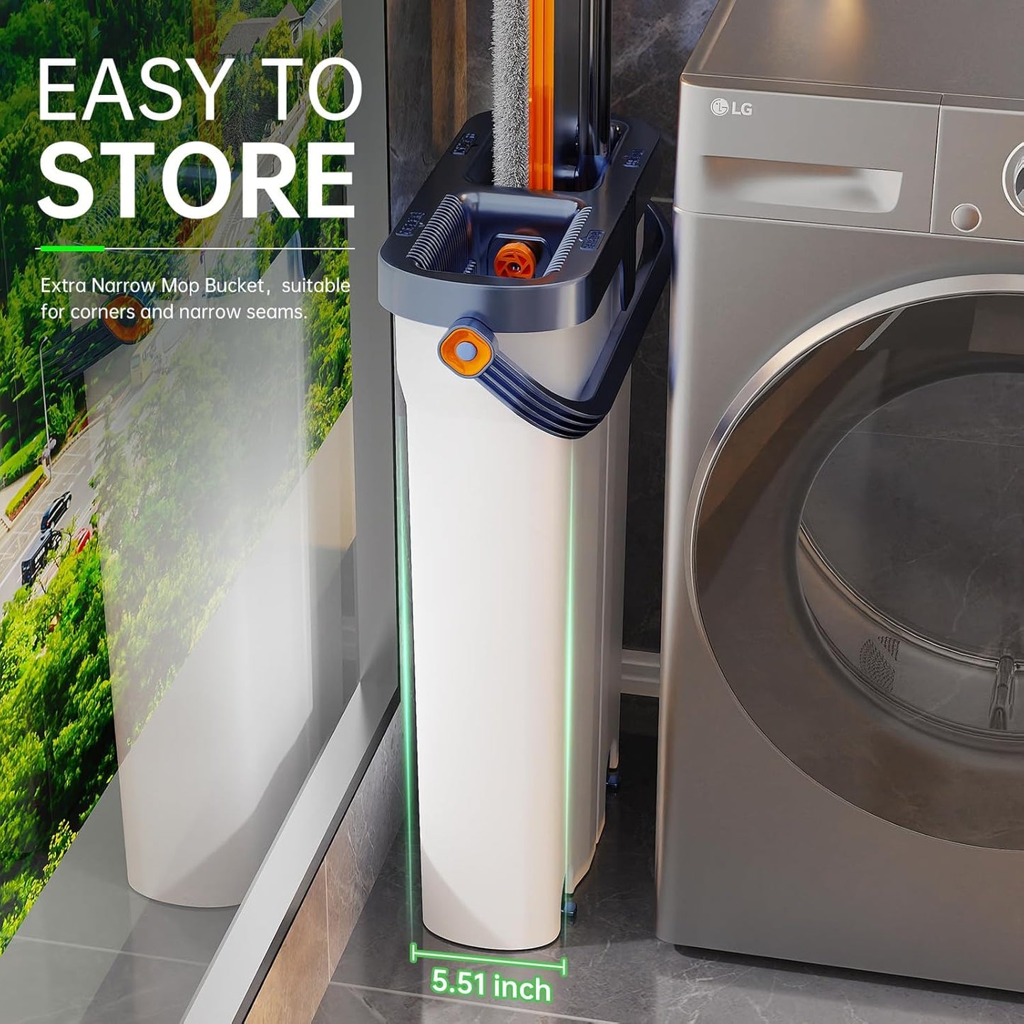 Mop and Bucket Set with Wringer for Home, 360° Flat Squeeze Mop with Long Handle and 6 Microfiber Cloths for Floor Cleaning (White+Blue, Slim Bucket and 15.7'' Aluminum Alloy Mop Head)