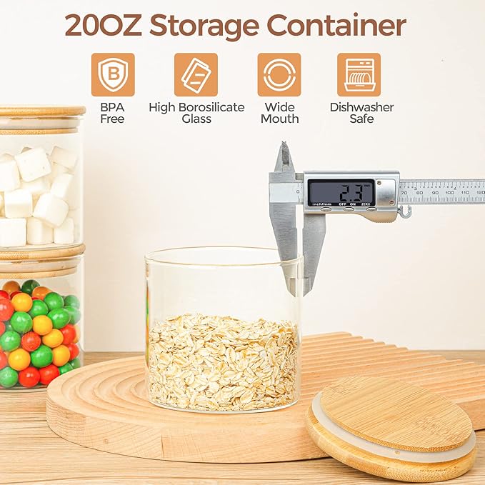 ComSaf Airtight Glass Food Storage Jars Set of 6, 0.6 Qt Clear Glass Food Storage Container with Sealing Wooden Lid, Stackable Spice Jar, Round Kitchen Canister for Sugar, Tea, Coffee bean, Pasta, Oat