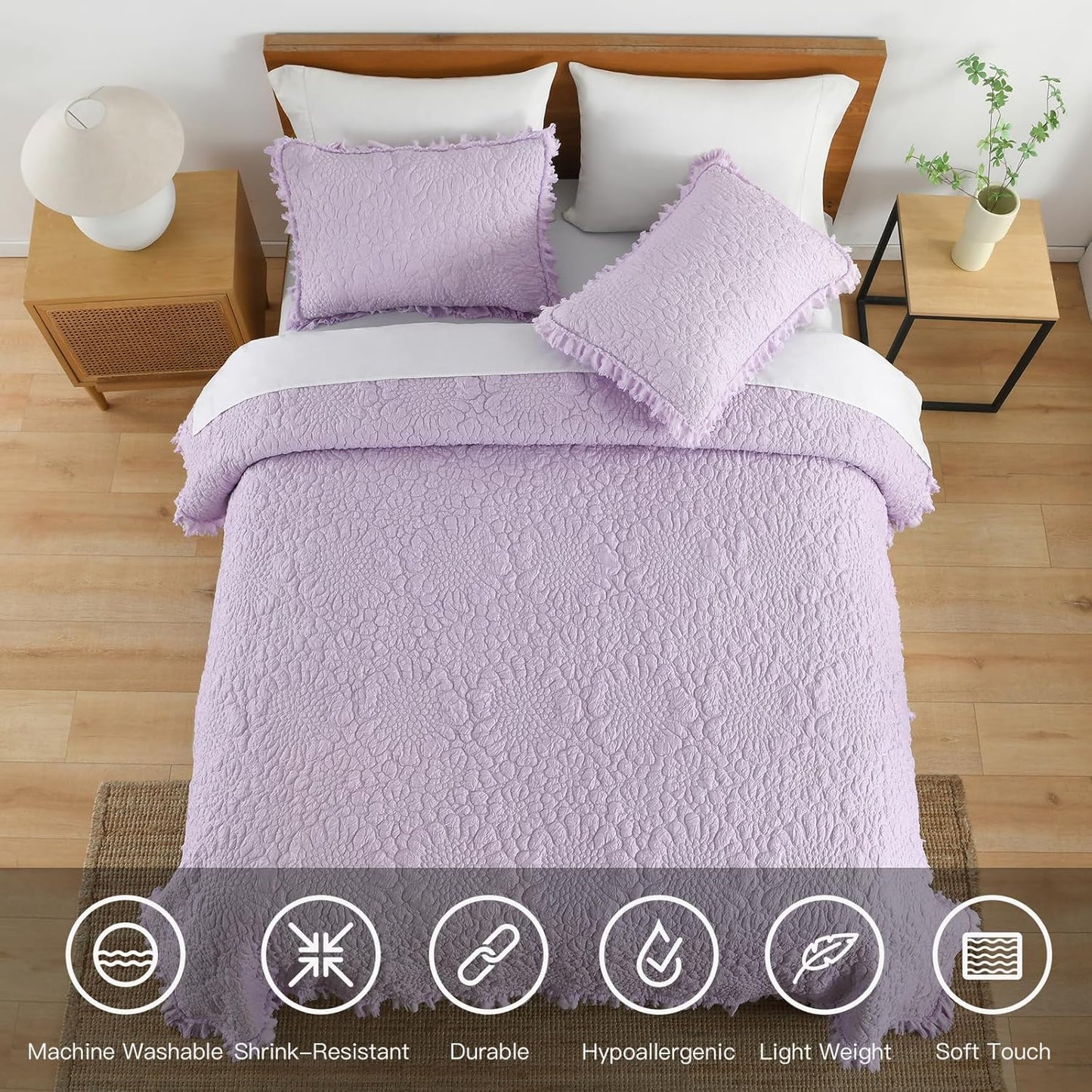 HORIMOTE HOME Lavender Ruffled Quilt Twin Size, Stone-Washed Microfiber Lightweight Crinkled Farmhouse Rustic Shabby Chic Bedding Set, 2 Pieces Reversible Bedspread with Pillow Sham for All Season