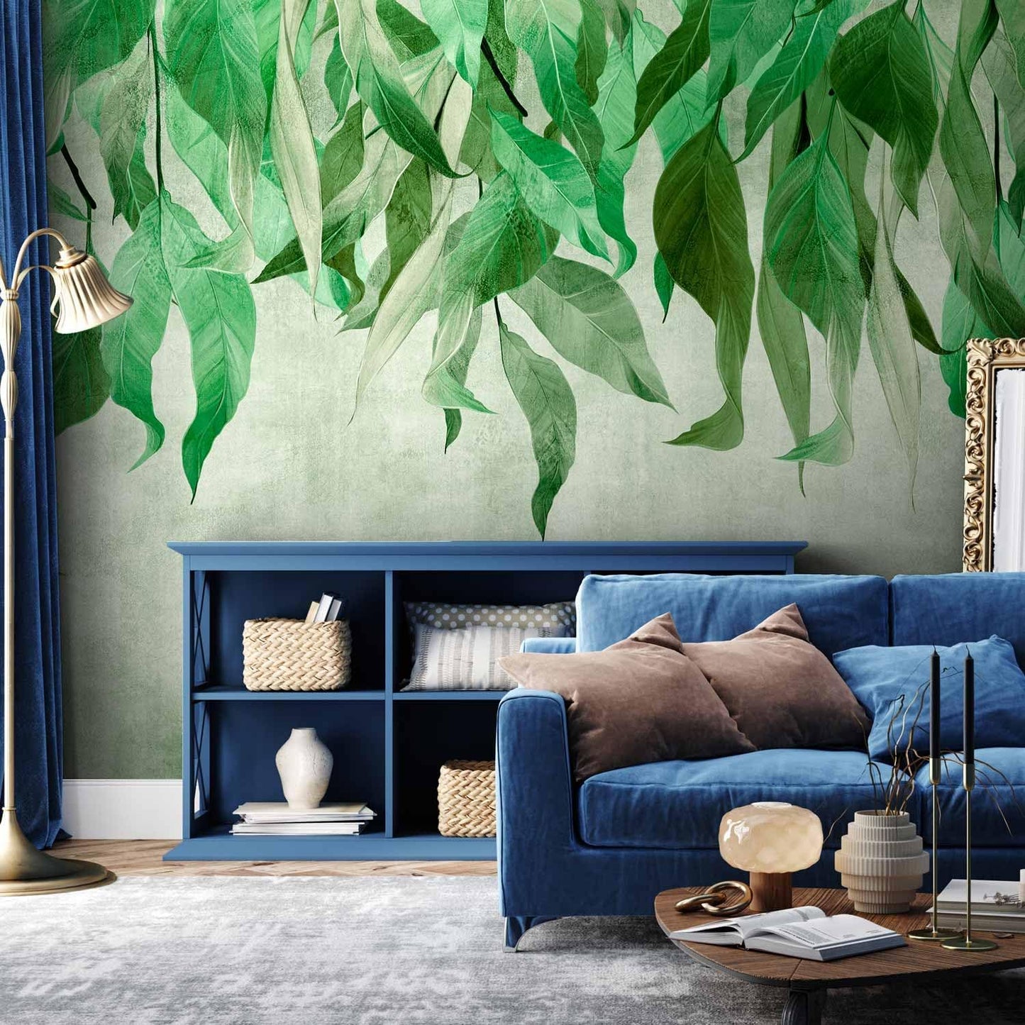 artgeist Premium Wall Mural Hanging Leaves 138x101 in - Non-Woven Wallpaper Fleece Wall Decor Photo Print Picture Image Design Nature Botanical Concrete Green Like Painted b-C-10146-a-a
