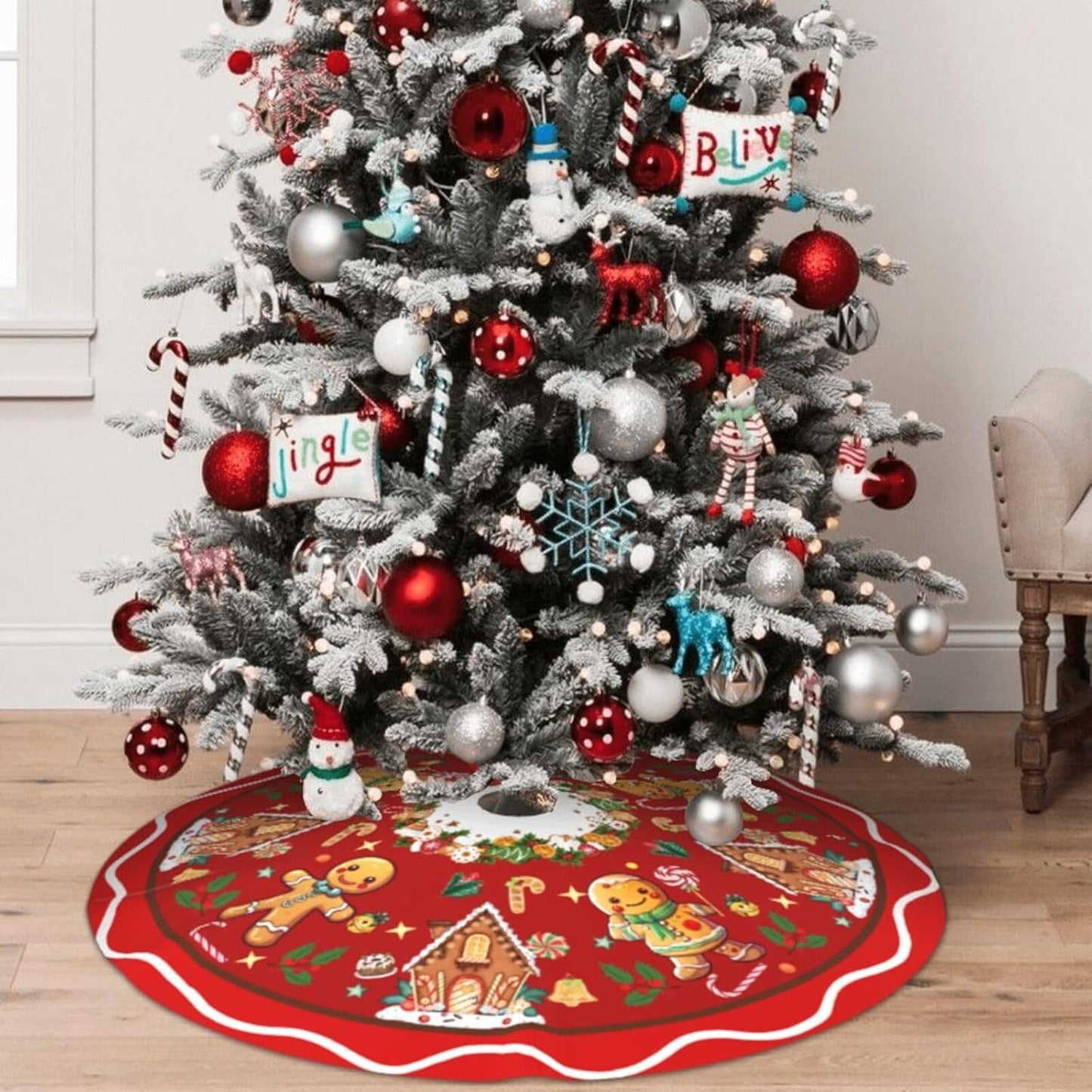 Gingerbread Man Candy Christmas Tree Skirt Xmas Tree Mat Christmas Tree Ornaments Decorations Holiday Party Indoor Outdoor 48"