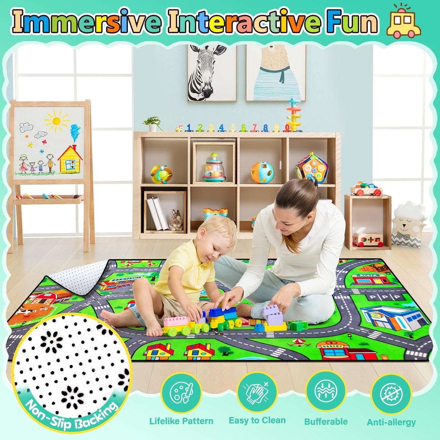 Kids Rug, City Road Rug for Kids,6x9 Ft Car mats for Toy Cars, Realistic Colors Perfect for Children and Baby Play Mat, Non-Slip Classroom Carpet