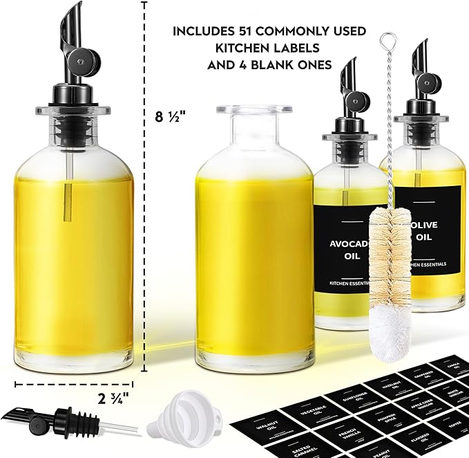 Olive Oil Dispenser Bottle - Includes 55 Kitchen Essential Labels - Cooking Oil Bottles for Kitchen, Coffee Syrup Dispenser - Pourer Spout with 11.8 fl oz Glass Container Cruet - 4pcs, Black