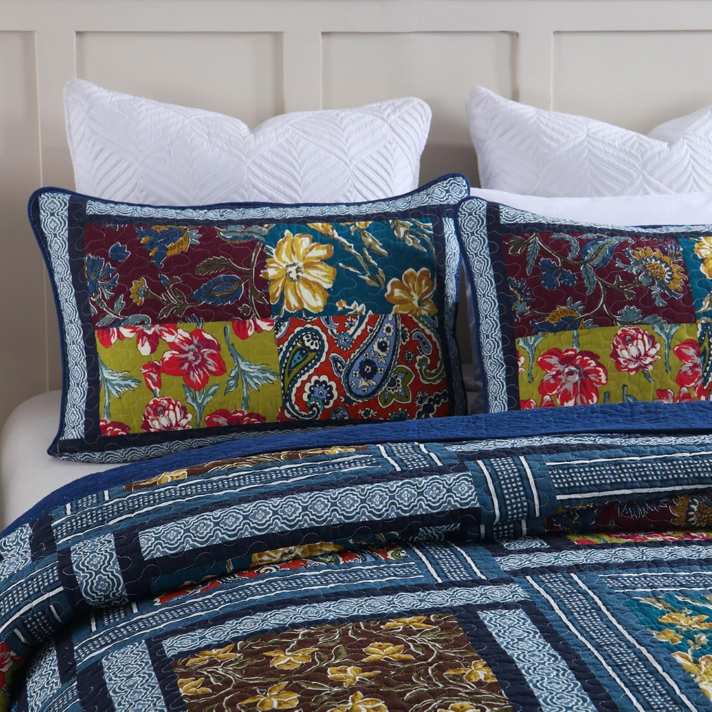 Secgo Queen Comforter Set for Bed - 100% Cotton Quilts Queen Size, Burgundy Bedspreads (90 * 98 Inch) with 2 Pillow Shams, Patchwork Reversible Lightweight Bedding