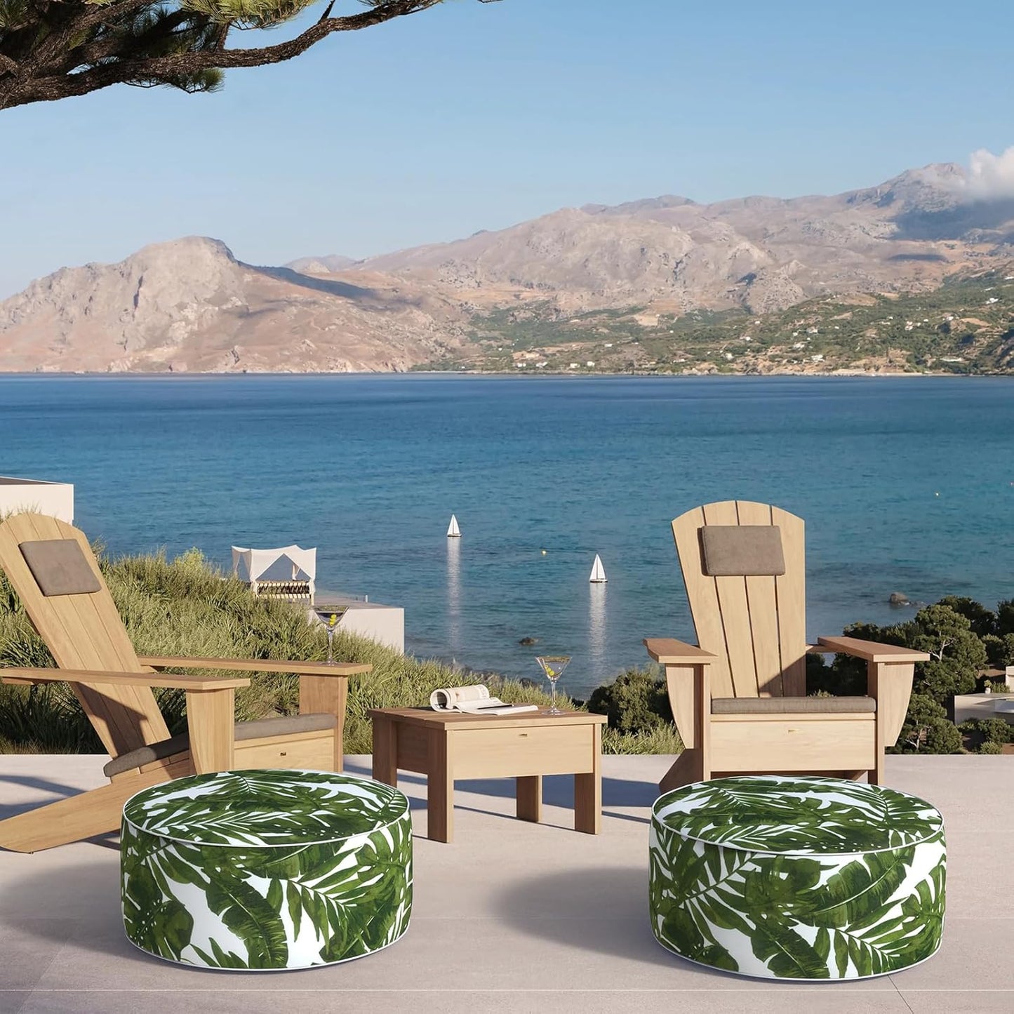 Inflatable Ottoman Stool D21 xH9 for Outdoor/Indoor Use, Water Repellent Patio Foot Rest Stool with Portable Handle,Round Pouf Ottoman Suitable for Garden,Deck and Camping - Palm Green