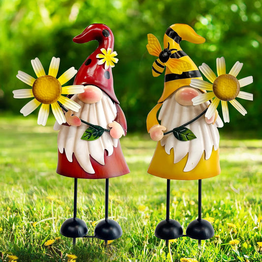 HONGLAND Gnome Metal Yard Art - Metal Gnome Statue -Gnome Outdoor Decorations - Bee and Ladybug Garden Statue- Christmas Holiday Lawn Patio Yard Garden Decor (Set of 2)