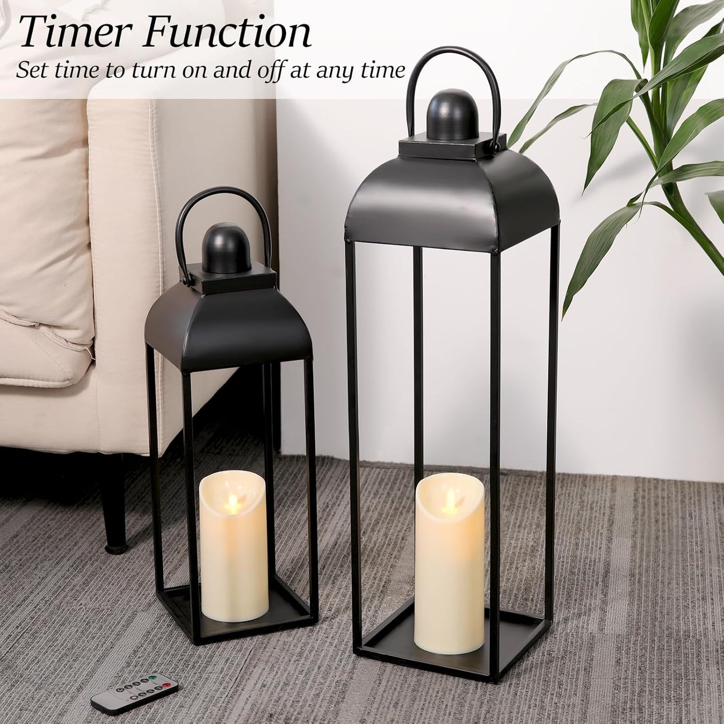 25'' 19'' Lanterns Decorative Outdoor Indoor, Black Metal Outdoor Candle Lanterns, Set of 2 Modern Farmhouse Decorative Lantern for Fireplace, Patio, Porch, Floor, Halloween Lantern (No Glass)