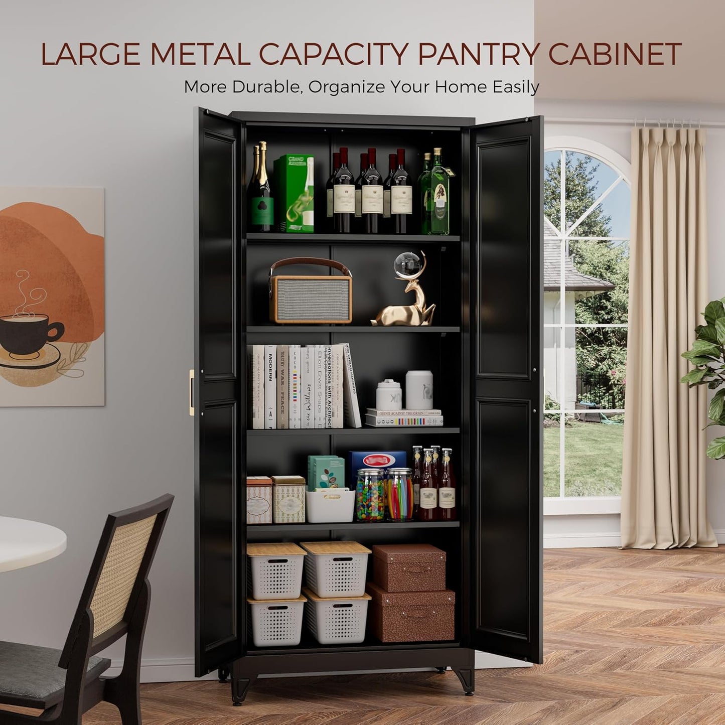75" Kitchen Pantry Cabinet, Black Metal Storage Cabinets with 2 Doors and 4 Adjustable Shelves, Tall Pantry Storage Cabinet for Kitchen, Dining Room, Living Room