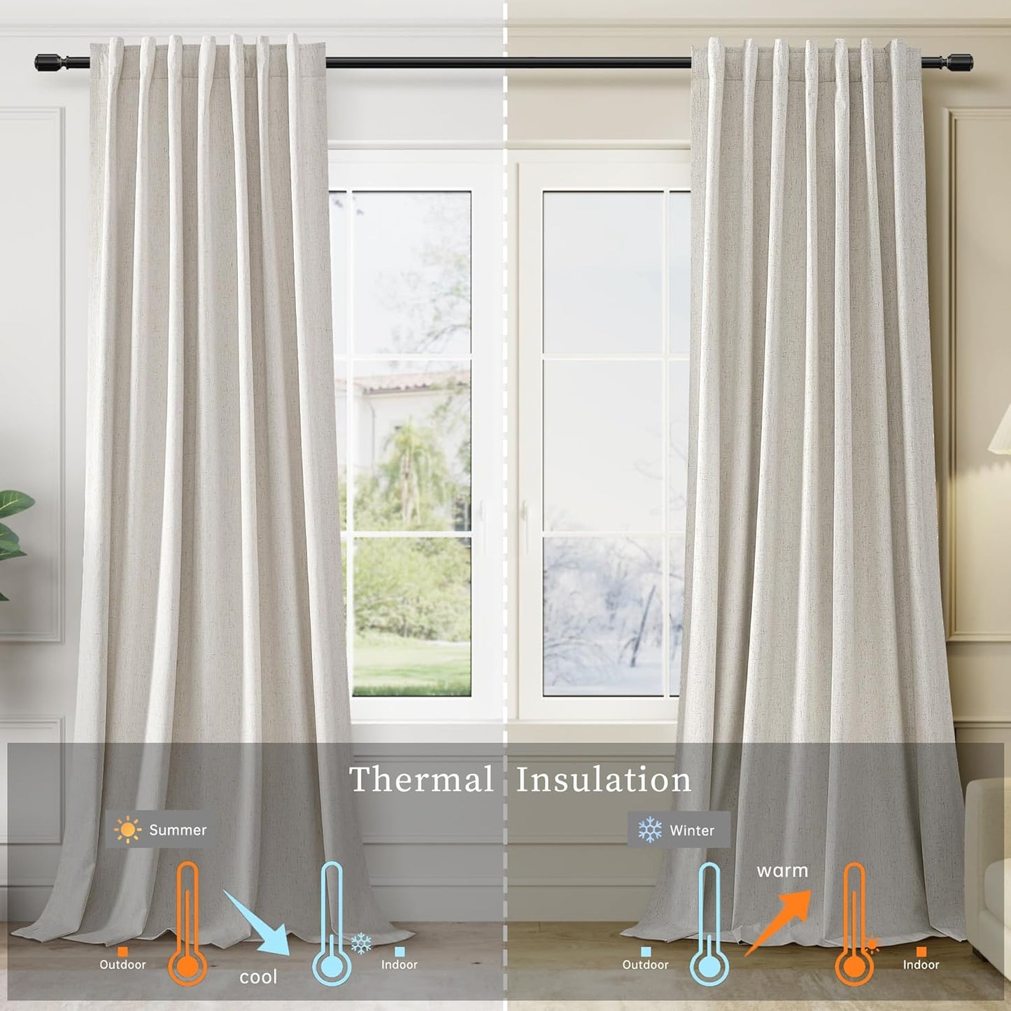 BOODII Room Darkening Curtains 120 Inch Back Tab Thermal Insulated Black Out Linen Drapes Extra Long Blackout Curtains for Patio Door Large Window Ceiling to Floor Light Blocking Natural Cream 52x120