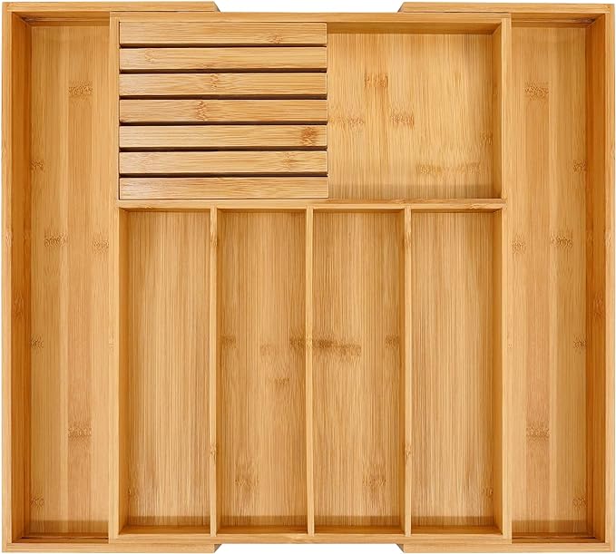 VaeFae Bamboo Silverware Drawer Organizer Kitchen, Expandable Utensil Organizer with Knife Block, Cutlery Tray with Divider, Multifunctional Wooden Drawer Organizer