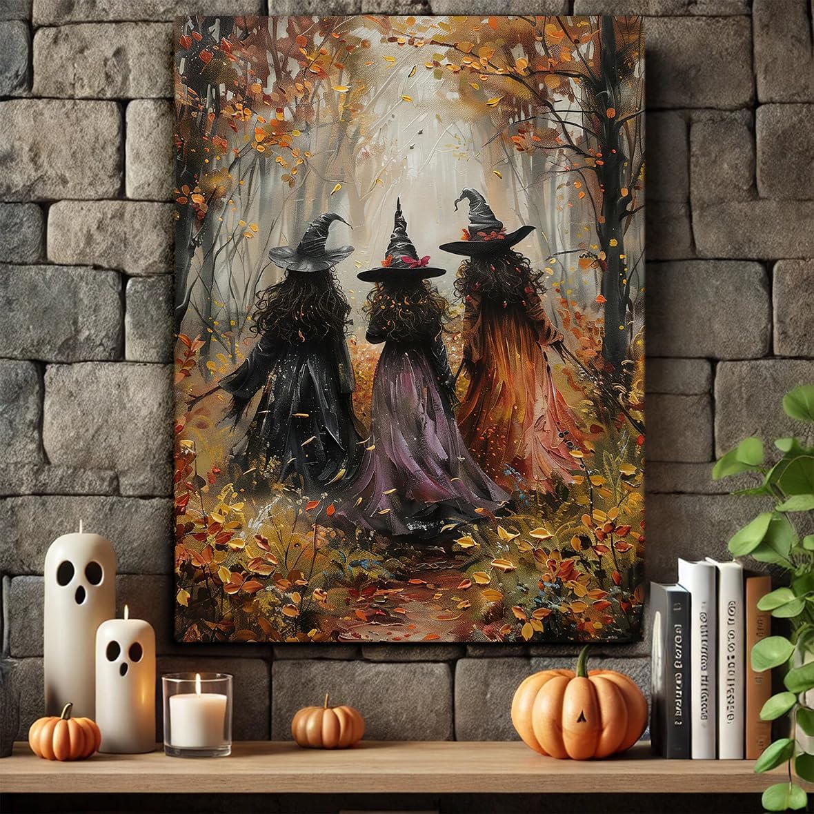 Vintage Three Witches In The Forest Painting Witch Print Witchy Canvas Print Halloween Wall Art Halloween Decor Witch Poster Dark Academia Gothic Room Decor for Bedroom 16x24in Large Frame wall art