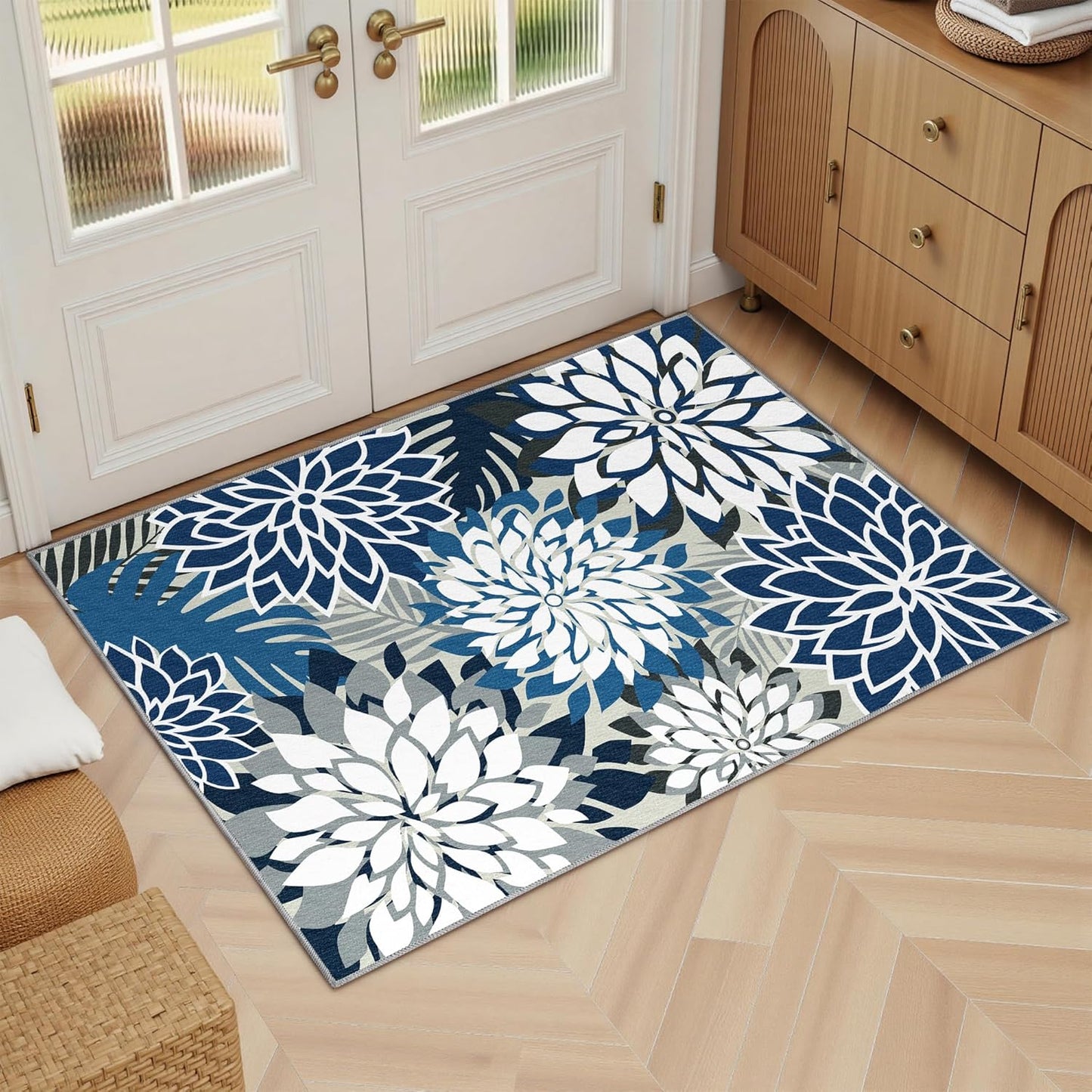 Area Rug 2x3 Blue White Washable Entry Small Rug Multicolored Tropical Botanical Modern Floral Indoor Kitchen Door Mat Entrance Carpet Non Slip for Bedroom Living Room, Porch