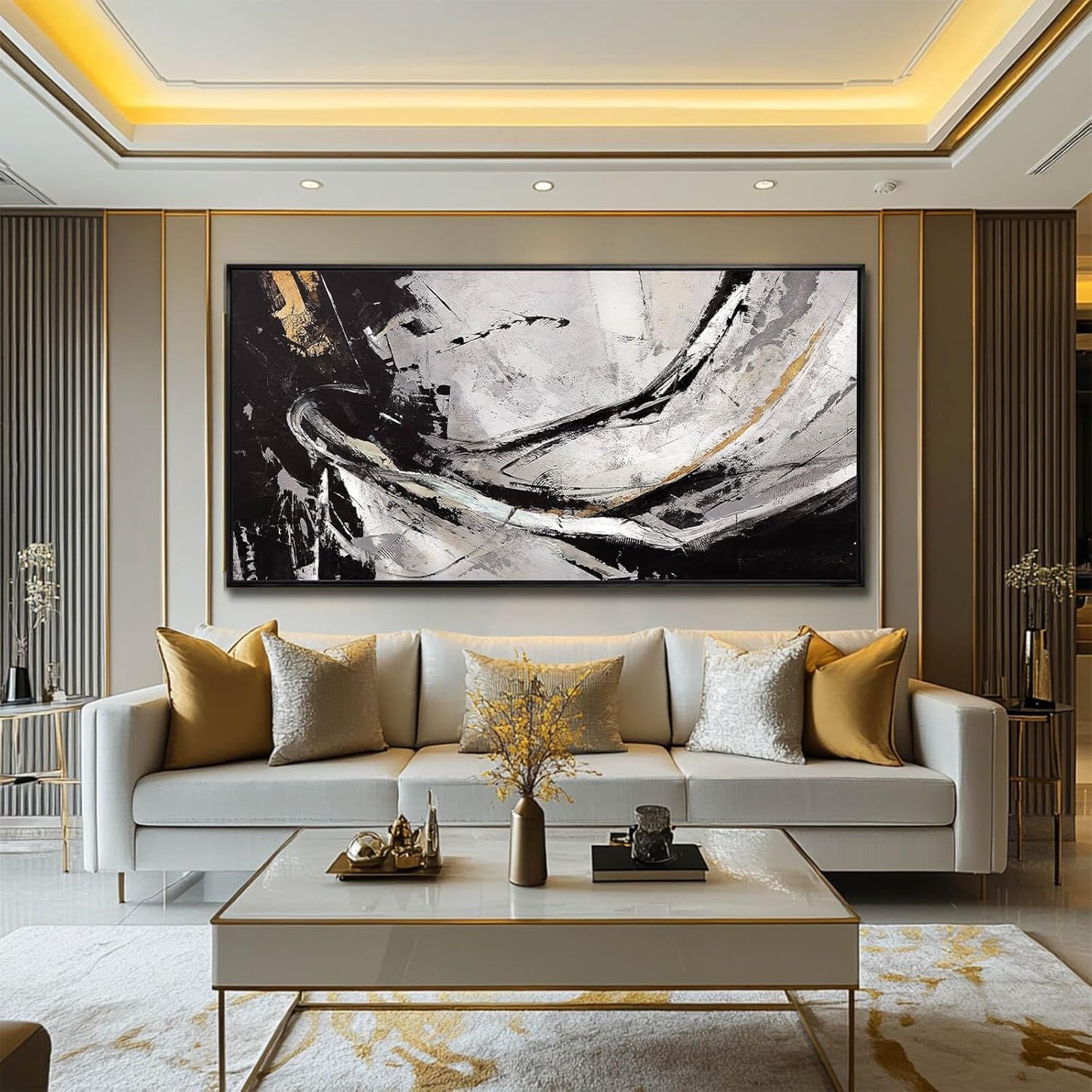 Home Decor Black and White Abstract Painting for Office Bedroom Decorations Framed Canvas Wall Prints Gold Pictures Wall Art for Home 29"x 58"