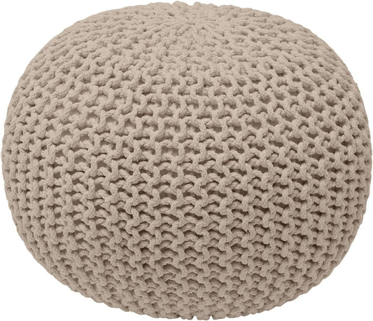 Ornavo Home Pouf Ottoman Foot Rest - 100% Cotton Pouffe - Hand Knitted Cable Braid Cord - Boho Round Stuffed Ottoman for Living Room, Bedroom - Beige