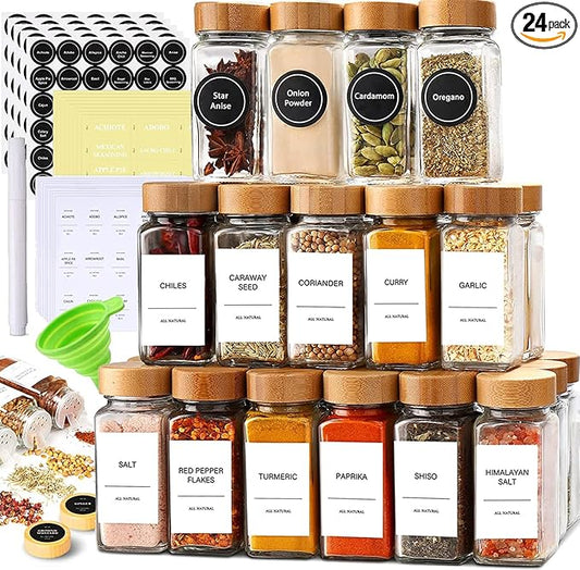 Set of 24 Glass Spice Jars with Various Labels, Bamboo Shaker Lids & Funnel, Kitchen Storage Jars with Airtight Lid, Spices & Seasonings Sets Organizer, Spice Containers, Glass Jar Food Canister