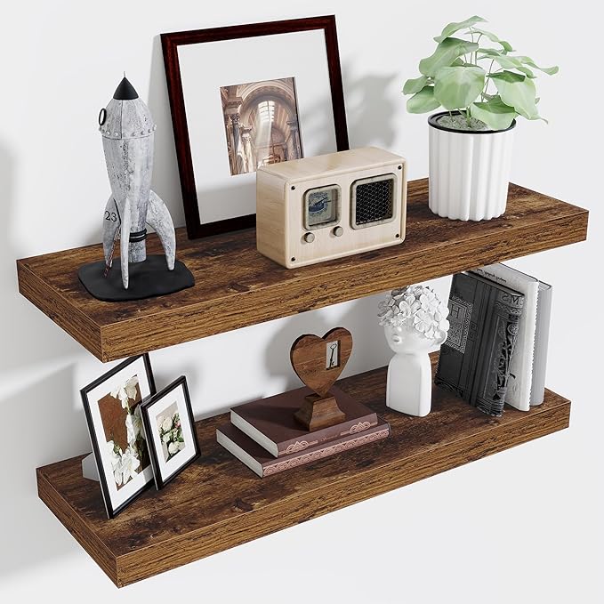 Fun Memories Floating Shelves for Wall, 32 Inch Long Floating Shelves Set of 2, 32 x 10 Wooden Shelves for Wall, Large Storage Shelves, Hanging Shelves for Bathroom Kitchen Bedroom, Rustic Brown