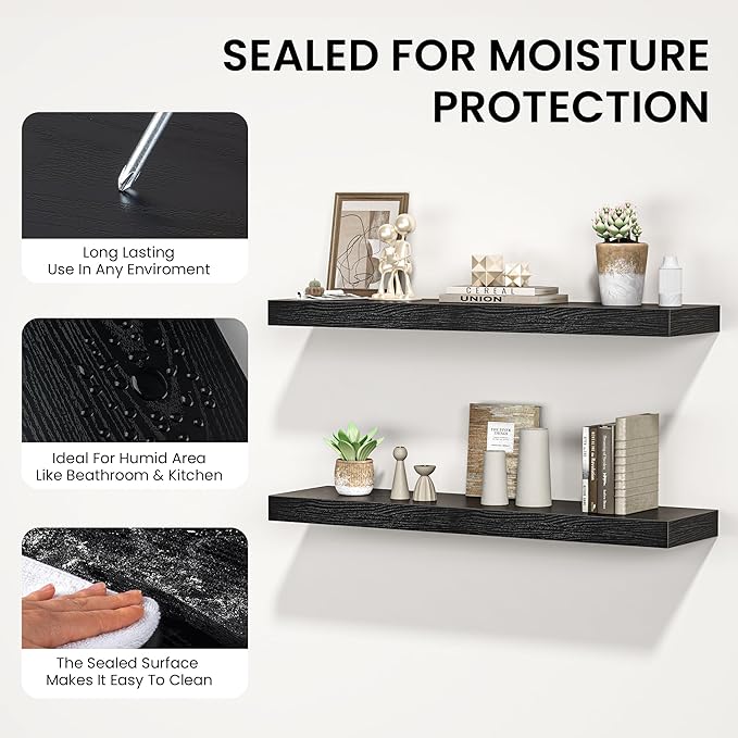 Floating Shelves for Wall, 31.5" W x 6.7" D x 1.5" H, Wooden Wall Mounted Display Shelves with Invisible Brackets for Living Room, Bedroom, Bathroom, Kitchen Decor and Storage, Set of 2, Black