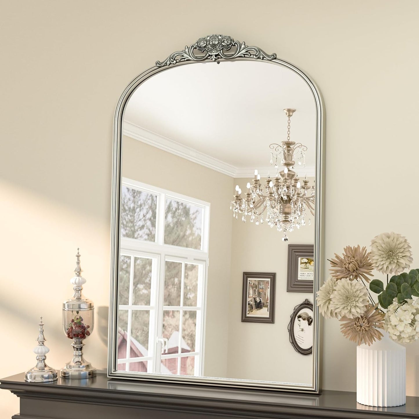 Keonjinn Vintage Mirror 24" x 36", Antique Mirrors for Wall Decor, Silver Arched Decorative Mirror for Mantle, Hallway, Living Room, Fireplace, Bedroom, Bathroom Mirror with French Cleat Mounting