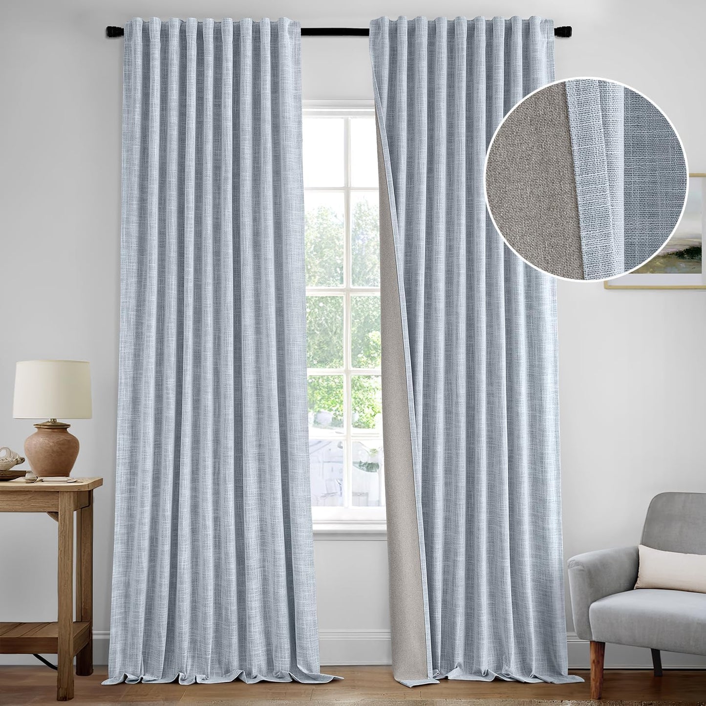 MIULEE Light Blue 100% Blackout Linen Curtains 90 Inch 2 Panels Set Double Sided No Coating Pleated Back Tab Black Out Long Thermal Insulated Pinch Pleat Bedroom Living Room Darkening Window Drapes