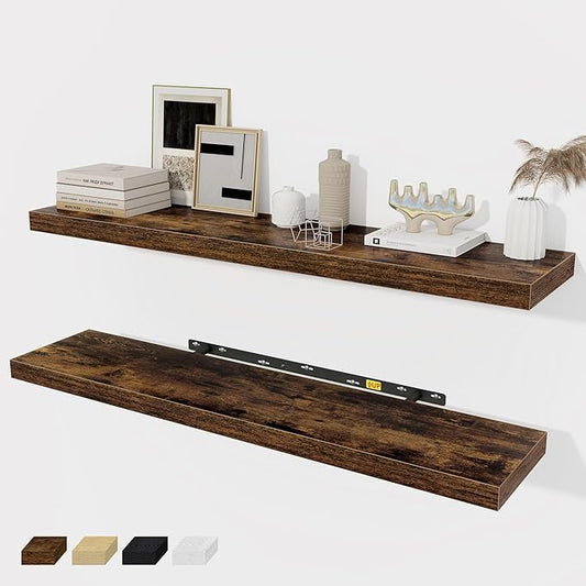 Floating Shelves Wall Shelf 40 Inch, 8 Inch Deep Floating Shelf for Wall, Farmhouse Black Wood Shelves Invisible Bracket for Living Room, Bedroom, Kitchen, 40 x 8 x 1.4 Inch, Set of 2, Rustic Brown