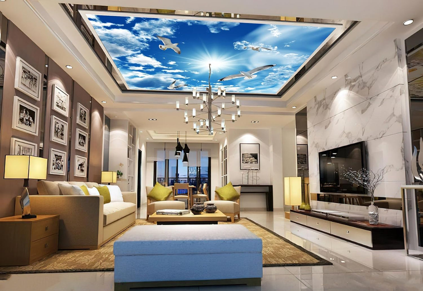 Blue Sky, White Clouds, Sunshine Seagull Ceiling Wall Mural Wallpaper 178" x 117"