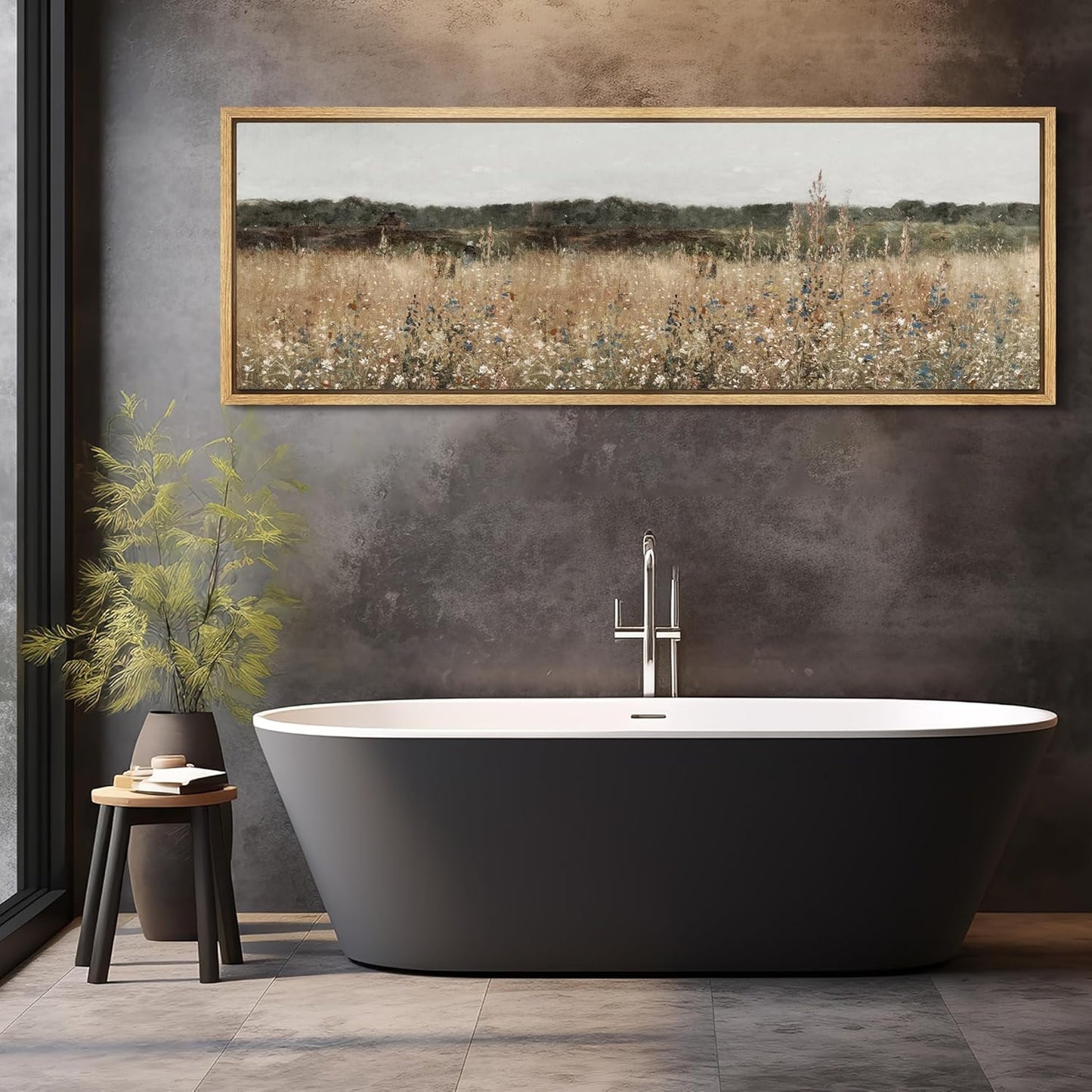 MUDECOR Large Framed Canvas Print Wall Art Misty Morning Meadow with Wildflowers Antique Retro Fine Art Illustrations Decorative Colorful for Bedroom - 60"x20"
