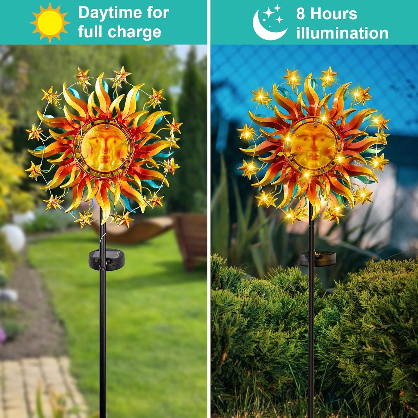 Solar Wind Spinner Metal Sun Decor, Wind Sculptures & Spinners 60.3 in Garden Kinetic Art with Solar Powered Vine String Shining LED Lights for Outdoor Garden Lawn Yard