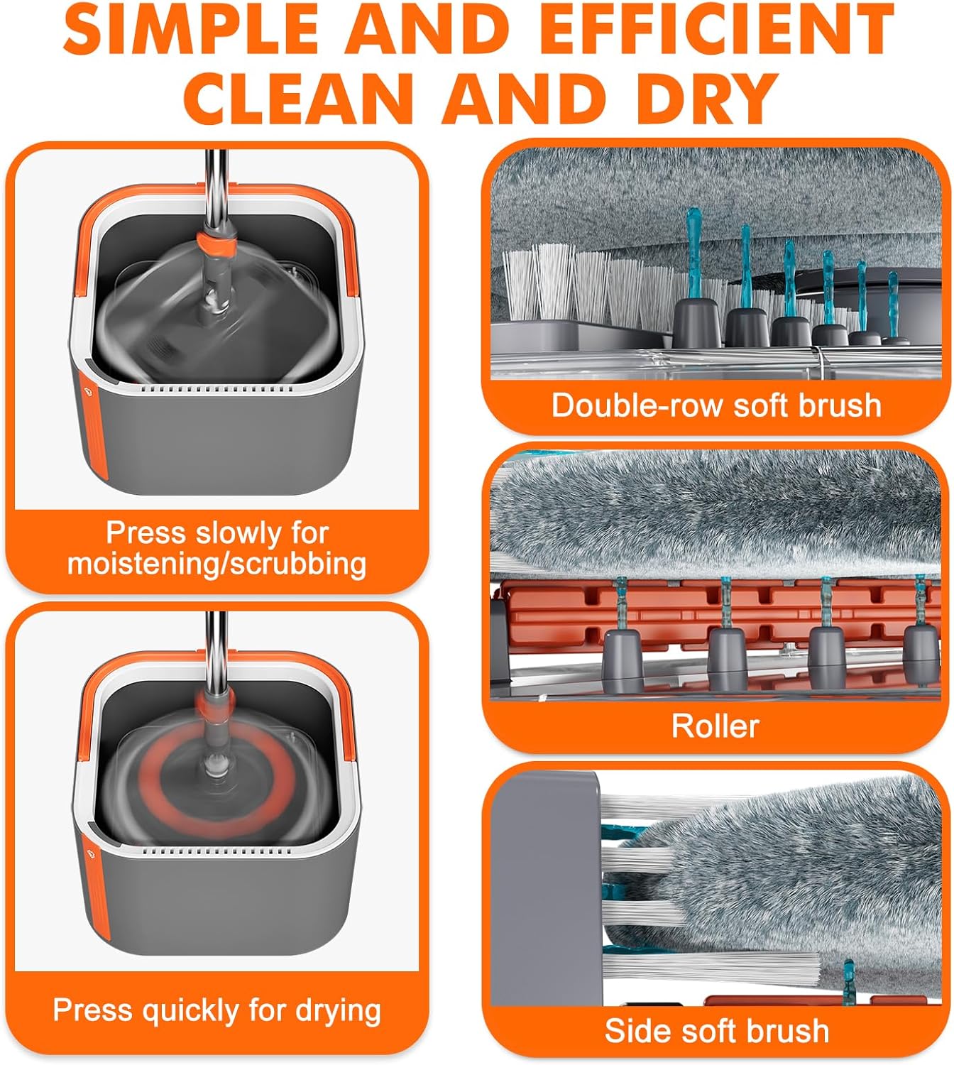 Upgraded Spin Mop and Bucket Self-Standing Mop Bucket Separate Dirty and Clean Water System Self Wringing 360° Rotating Clean Mop and Bucket Set (Drak Gray, 14Pads Mop and Bucket Set)